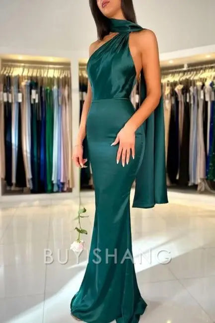Buyishang Classy Sheath High Neckline Satin Long Party Dress Green Prom Dresses